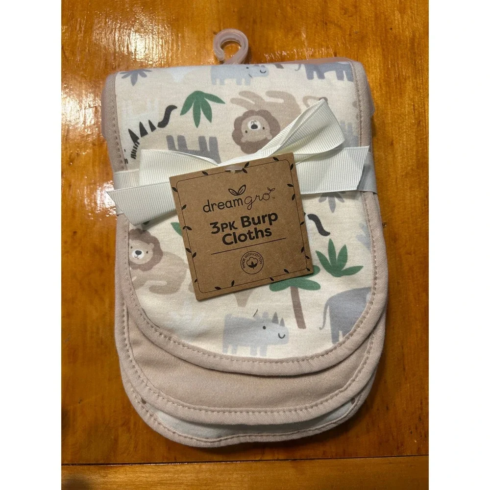 Grey‎ Knit Elephant Plush and 3-Pack Safari Tropic Burp Cloths Baby Gift Set NEW